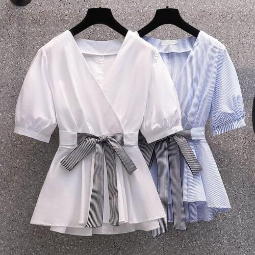 2021 New Summer Women Fashion Stripe Shirt Lace up V-Neck Short sleeve Shirt Womens Tops and Blouses Loose Elegant Shirts