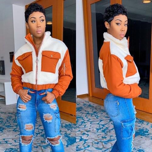 Fall/winter 2021 New Womens Stand Up Collar Pocket Lamb Wool Stitching Short Coat