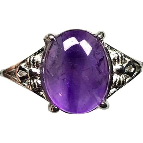 11x10mm Top Natural Purple Amethyst Quartz Crystal Ring Jewelry For Woman Lady Man Oval Beads Silver Stone Adjustable Ring AAAAA