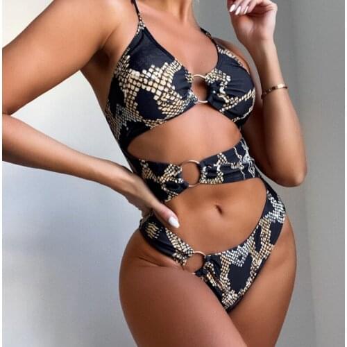 2021 Sexy Printed Tummy Cut Out One Piece Swimwear Female Metel Rings Padded Suit Swim Lady