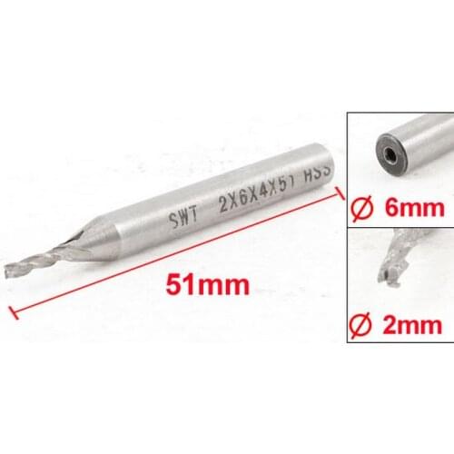 Milling Cutter Straight End Mill 2mm x 6mm x 7mm x 51mm 2 Flutes Silver Tone 5pcs