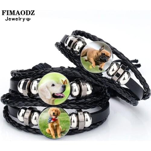 FIMAODZ Cute Dog Bulldog Bracelet Dogs Art Photo Glass Gem Handmade Multilayer Leather Bracelets for Women Men Jewelry