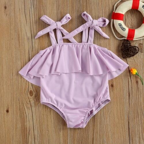 Kids Baby Girls One Piece Swimsuits with Ruffle Trim Adjustable Swimwear Infant Girls Shoulder Strap Beachwear Clothing Summer