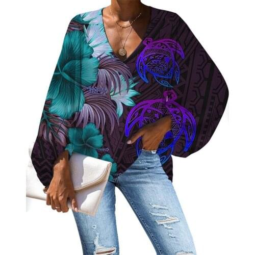 HYCOOL Polynesian Turtle Design Fall Long Sleeve Tops Sexy V Neck Chiffon Blusas Mujer De Moda 2021 Plus Size Loose Blouse Women