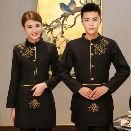 2019 Spring/Autumn Hotel Long Sleeve Waiter Shirt+Apron Set Restaurant Work Clothing Catering Staff Uniforms Western Workwear