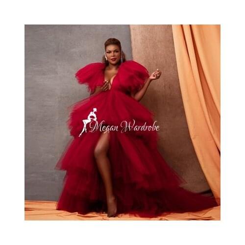 Red Extra Puffy High Low A-Line Tiered Ruffled Tulle Dresses Women Sexy Deep V-Neck Front Open Long Party Tulle Dress Plus Size