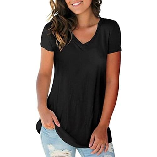 Summer Women T shirt Solid Color V Neck Shirts Short Sleeve Rounded Hem Long Casual Party Wear Tee Fashion Tops