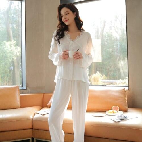 2021 New Spring Autumn Pajamas Womens Long Sleeve Simple Nightwear Suit Casual Thin Silk Home Clothes Female Sleepwear