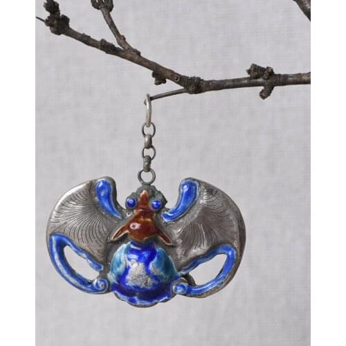 BOCAI New Real S925 pure silver woman pendant retro craft burnt blue indigo bat handmade pendant for women Blessed luck gift