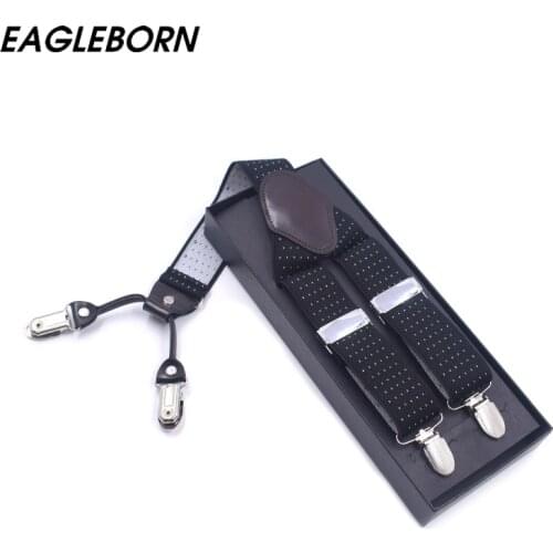 New 3.5*125cm Suspenders Men Leather Braces Adjustable 4 Clips Black Spot Suspenders Commercial Western Style with Gift Box