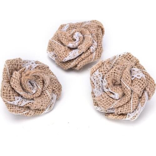 New Design 12pcs Handmade Jute Hessian Burlap Flowers With Lace Rose Chic Rustic Wedding Decor Event Party Supplies