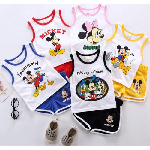 New Boys and Girls Mickey Cartoon Sleeveless Two-piece Childrens Vest Shorts Suit Baby Cotton Sweat-absorbent Sports Suit