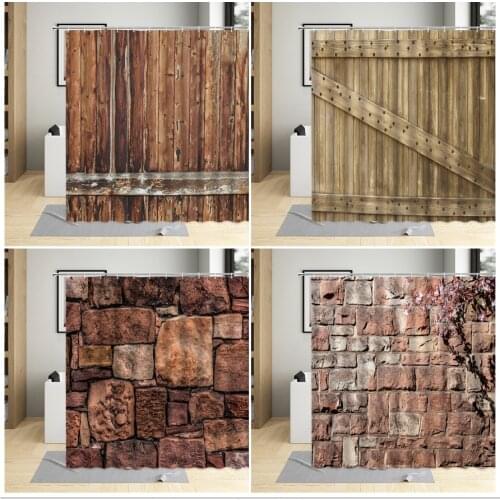 Retro Nostalgic Wood Grain Brick Pattern Shower Curtain Old Plank Brick Wall Bathroom Decor Sets Home Bath Curtains With Hooks