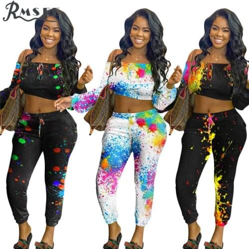 RMSFE 2020 Special Women Sportwear Off Shoulder Shinny Set Colorful Print 2 Piece Set Women Full Sleeve Top And Pant Sets