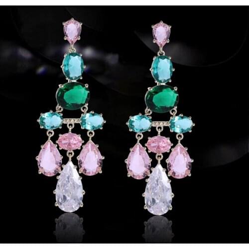 Luxury Big Colorful CZ Dangly Long Tassel Waterdrop Shape Drop Earrings for Women Wedding Bridal Earring Party Custome Jewelry