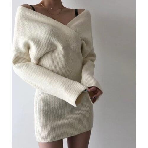 Christmas Ribbed Knit Bodycon White Party Dresses For Women Fad Sexy V Neck Long Sleeve Short Black Winter Sweater Dress Warm