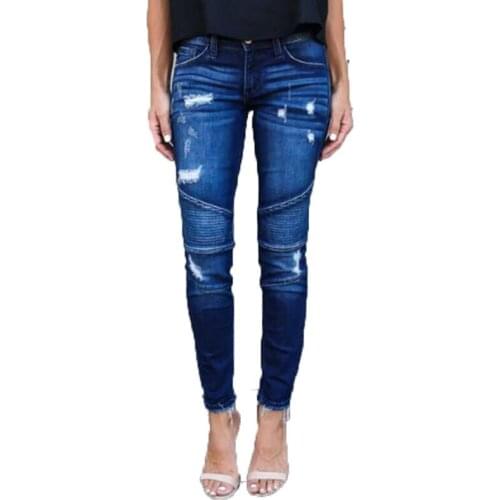 Tassel Ripped Jeans for Women Casual Slim High Waist Distressed Ruched Jeans Woman Skinny Blue Denim Pencil Pants