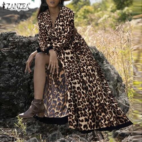 Womens Printed Sundress ZANZEA 2021 Sexy Leopard Dress Spring Casual Puff Sleeve Maxi Vestidos Female High Split Robe Overszie