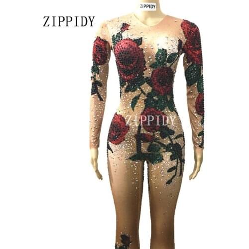 Sexy evening Multicolor Crystals Jumpsuit Evening Party Rose Flower Stretch Costume Stage Wear Rhinestone Celebrate Nude Dresses