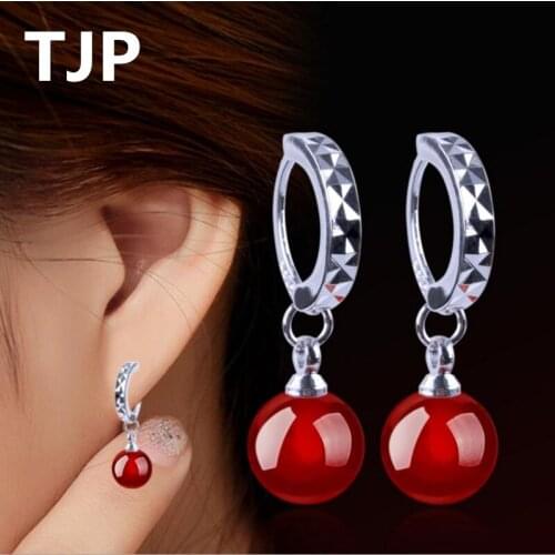 TJP Top Quality Female 925 Sterling Silver Hoop Earrings Jewelry Cute Red Pearls Balls Earring For Women Wedding Party
