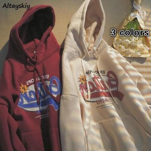 Hoodies Women Print Simple Thicker All-match Loose Drawstring Streetwear Pullovers Female Sweatshirt Hooded Teens Front Pockets