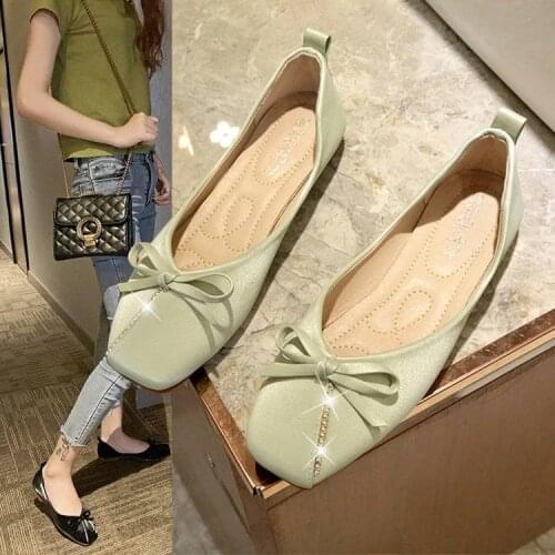Autumn Soft Leather Peas Shoes Women Bowknot Decoration Square Toe Ladies Loafers Plus Size 40 Wild Flat Shoes Women Footwear