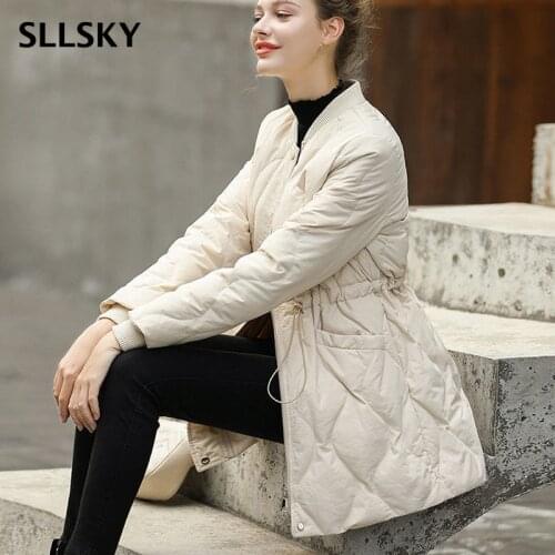 SLLSKY Drawstring Mid-Length Women Jacket Winter New Lightweight Female Parkas Coat O-Neck Long Sleeve Zipper Pocket Outwear