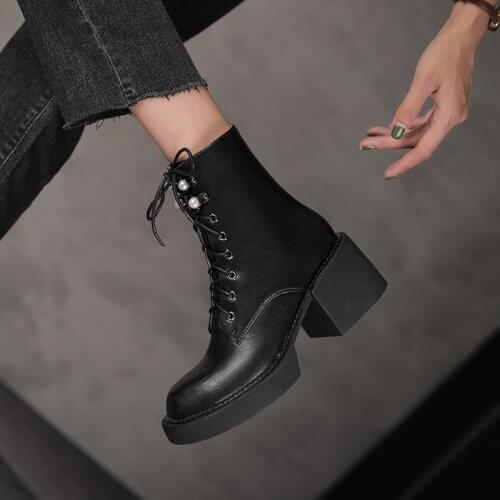 2021 Winter Women shoes Ankle boots Genuine Leather Women Boots Platform Chunky Boots Women Solid Women Shoes High heels shoes