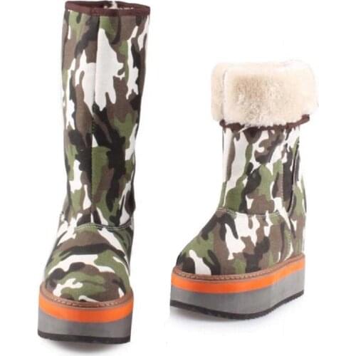 Women Denim Camouflage Winter Boots Keep Warm Mid-Calf Snow Boots 2017 Thick Sole Canvas Height Increasing Shoes Bota Feminina