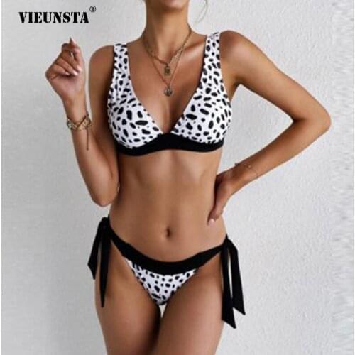 VIEUNST Womens Low Waist SwimmingPants Wave Point Sexy Enhance Swimsuit Tie a Knot Swimming Pool Swimsuit Two-Piece Bikini 2021