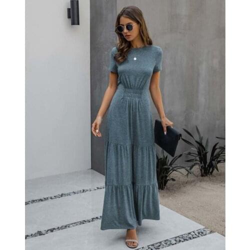 Summer Party Dress Women Elegant O Neck Short Sleeve Long Dress Solid Color High Waist Pleated Elegant Maxi Dresses Robe Vestido