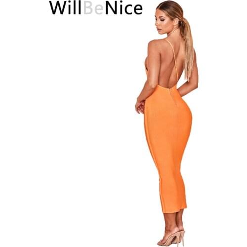 WillBeNice Orange 2019 New Arrival One Shoulder Sexy Party Women Bodycon Midi Bandage Club Pink Orange Dress Backless Bodycon