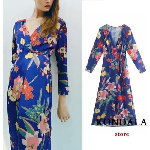 KONDALA Za 2021 Women Chic Floral Print Vintage Midi Dress Long Sleeve V Neck Sashes A-Line Dress Elegant Mujer Vestidos