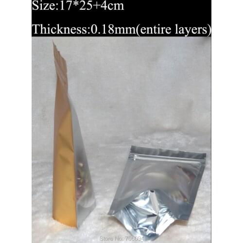 17x25+4cm/6.7''x9.8'',200pcs/lot, Tea,Coffee pack bag clear stand up foil Bag Gold Ziplock Stand Up Metallic Ziplock Bag