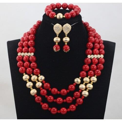 2017 Christmas Gift Trendy Red Coral Beads Jewelry sets African Wedding Women Beads Necklace Jewelry Sets Free Shipping CJ842