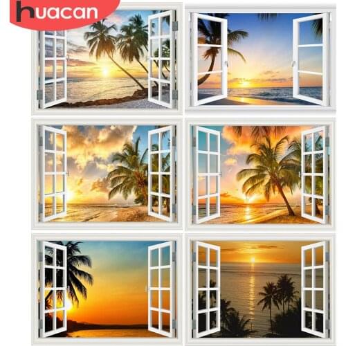 HUACAN DIY Diamond Painting Landscape Seaside Rhinestone Of Picture Cross Stitch Window Mosaic Diamond Sunset Decor