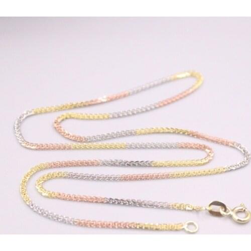 Pure 18K Multi-Tone Gold Chain Lucky 1.2mm Wheat Link Necklace 18inch / 3.6-3.7g Stamped AU750 For Woman Gift