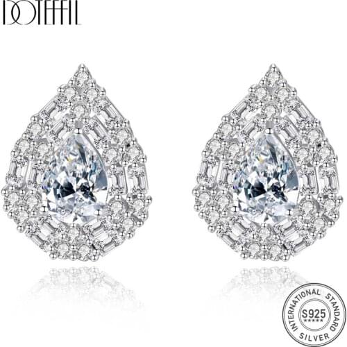 DOTEFFIL New 925 Sterling Silver Waterdrop Gemstone Stud Earring for Women Tiny Sparkling CZ Wraped Engagement Earrings Brincos