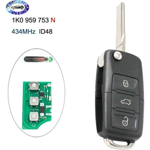 Flip Remote Key Fob 3 Buttons With ID48 Chip 433MHZ / 434MHZ for VW 1K0 959 753 N