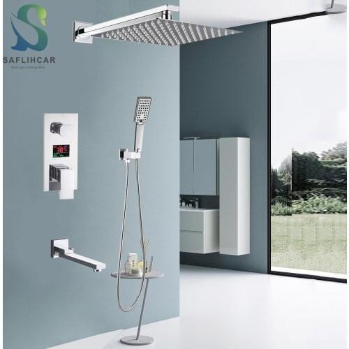Chrome Digital Display Bathroom Shower Faucet Set Rainfall Shower Head 3-way Hot Cold Mixer Tap Bathtub Shower System