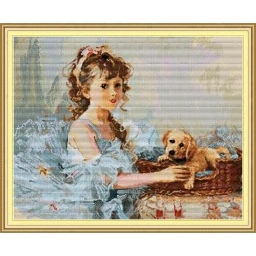 Joy Sunday Girl & Dog Counted 14CT Cross Stitch Sets DIY DMC Chinese Printed on Canvas Cross Stitch Embroidery Kits Home Decor