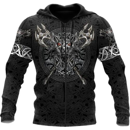 Fashion Mens Zipper Hoodies Fenrir Viking Tattoo 3D Full Printed Sweatshirts Unisex Casual Harajuku Hoodies DLL38
