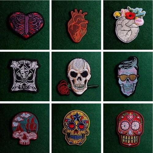 2pcs Punk Patch Iron On Patches For Clothes Skull Patches Stripe Stickers Embroidery Sew On Clothes Heart Badge Applique Decor
