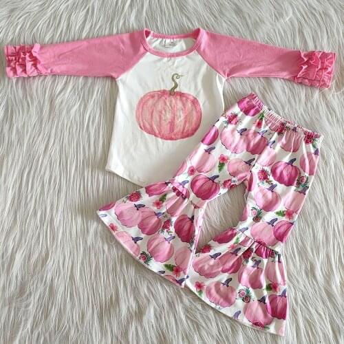 New arrival children fall outfit girl pumpkin pattern clothing set Halloween sweet girls outfit with icing ruffle