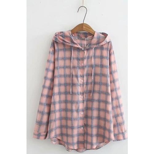 Plus Size XL-3XL Hooded Tops Women Plaid A-line Casual Blouse Vintage Oversized Blusas