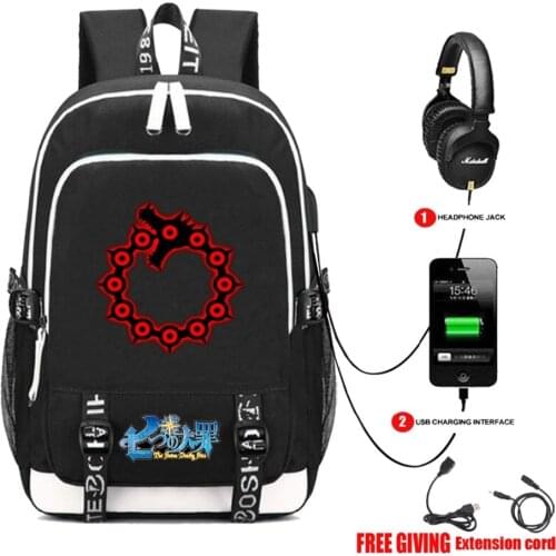 Anime The Seven Deadly Sins backpack nanatsu no taizai USB Charging Headphone jack Student Backpack Teenagers travel laptop bag