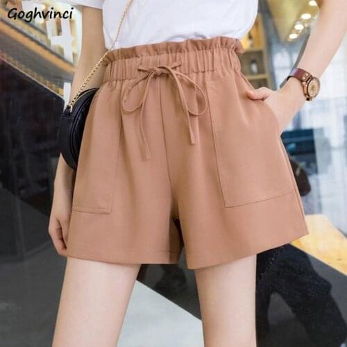 Shorts Women Summer Lace-up High-waist Solid A-line Wide-leg Korean-style Students Womens All-match Trendy Simple Elastic-waist