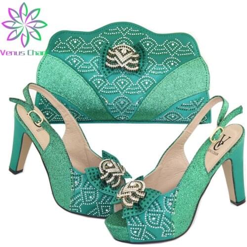 Wedding Dress Sexy Green Color Shoes And Bag To Match Set African High Heels Party Shoes And Bag Set For Royal Party