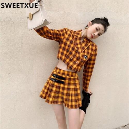 SWEETXUE Female 2021 Womens Retro Hot Girl Preppy Style JK Plaid Pleated Skirt Suit Fashion Temperament Outfits Ladies