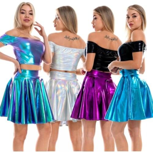2PCS Women Clothes Set PU Leather Crop Tops Sexy Off Shoulder T-shirts+Mini Skirt Party Night Stage Clubwear Female Dance Skirts